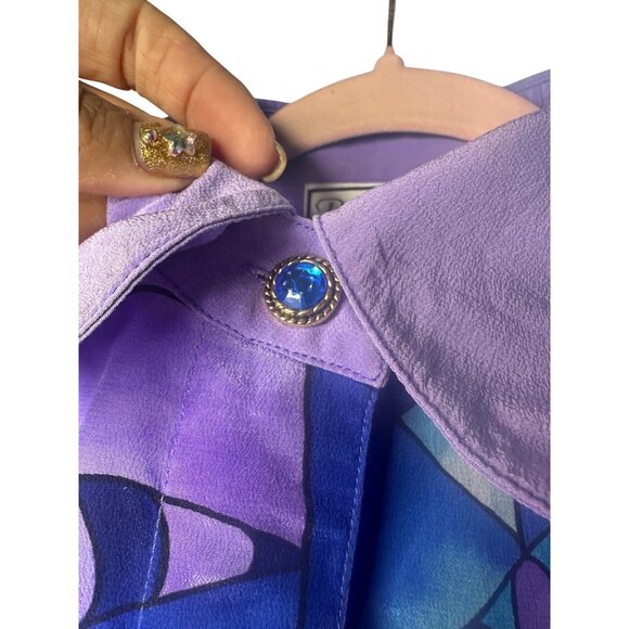 Diane Gilman Stained Glass Printed Silk Blouse With Blue Gem Details Long Sleeve - Picture 11 of 12